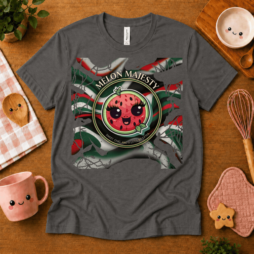 Melon Majesty cute food graphic t-shirt cozy flat lay in asphalt.