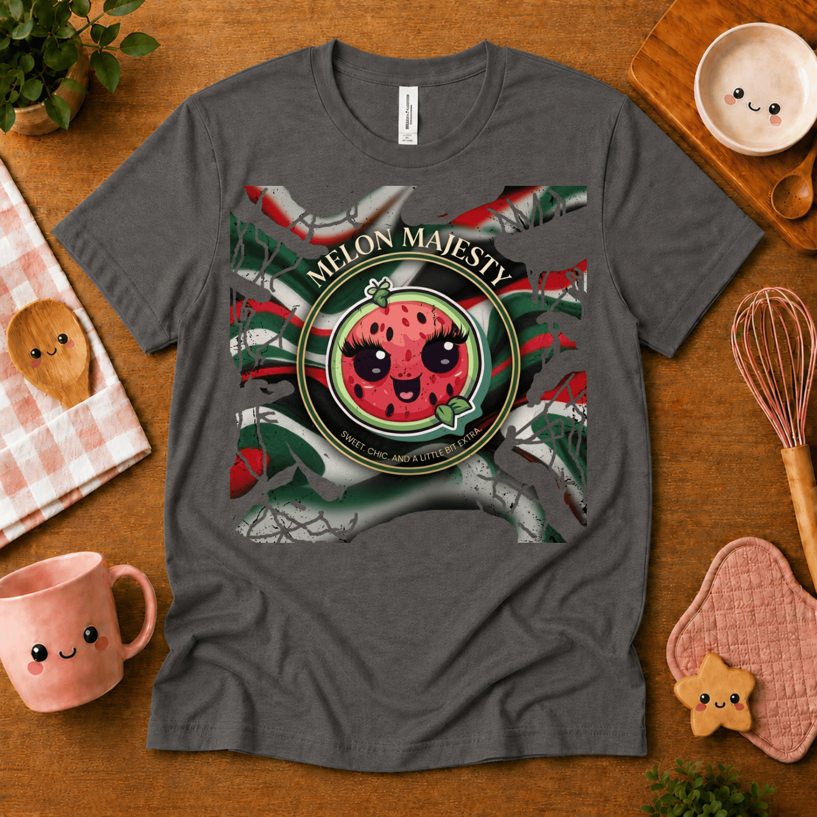 Melon Majesty cute food graphic t-shirt cozy flat lay in asphalt.
