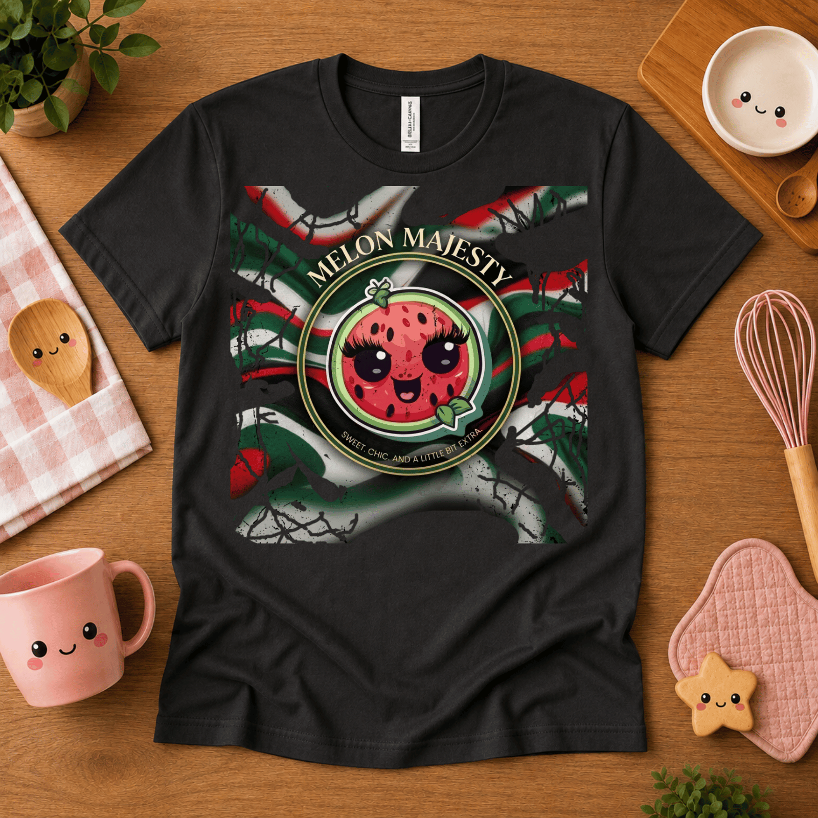 Melon Majesty cute food graphic t-shirt cozy flat lay in vintage black.