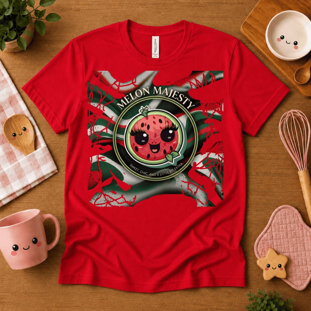 Melon Majesty cute food graphic t-shirt cozy flat lay in red.