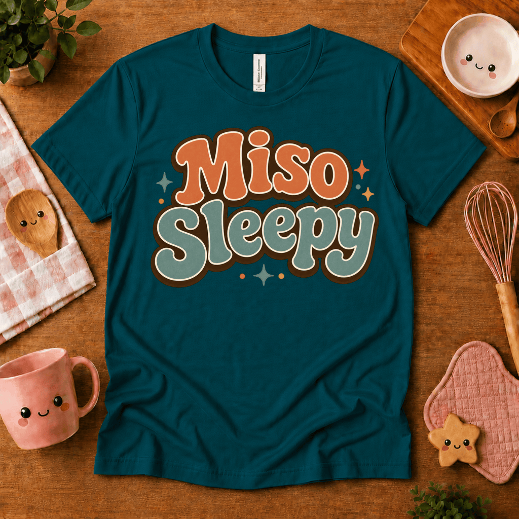 Miso Sleepy cute food graphic t-shirt cozy flat lay in deep teal.