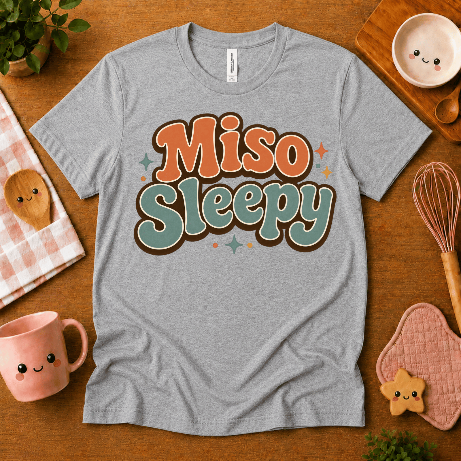 Miso Sleepy cute food graphic t-shirt cozy flat lay in athletic heather.