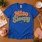 Miso Sleepy cute food graphic t-shirt cozy flat lay in true royal.