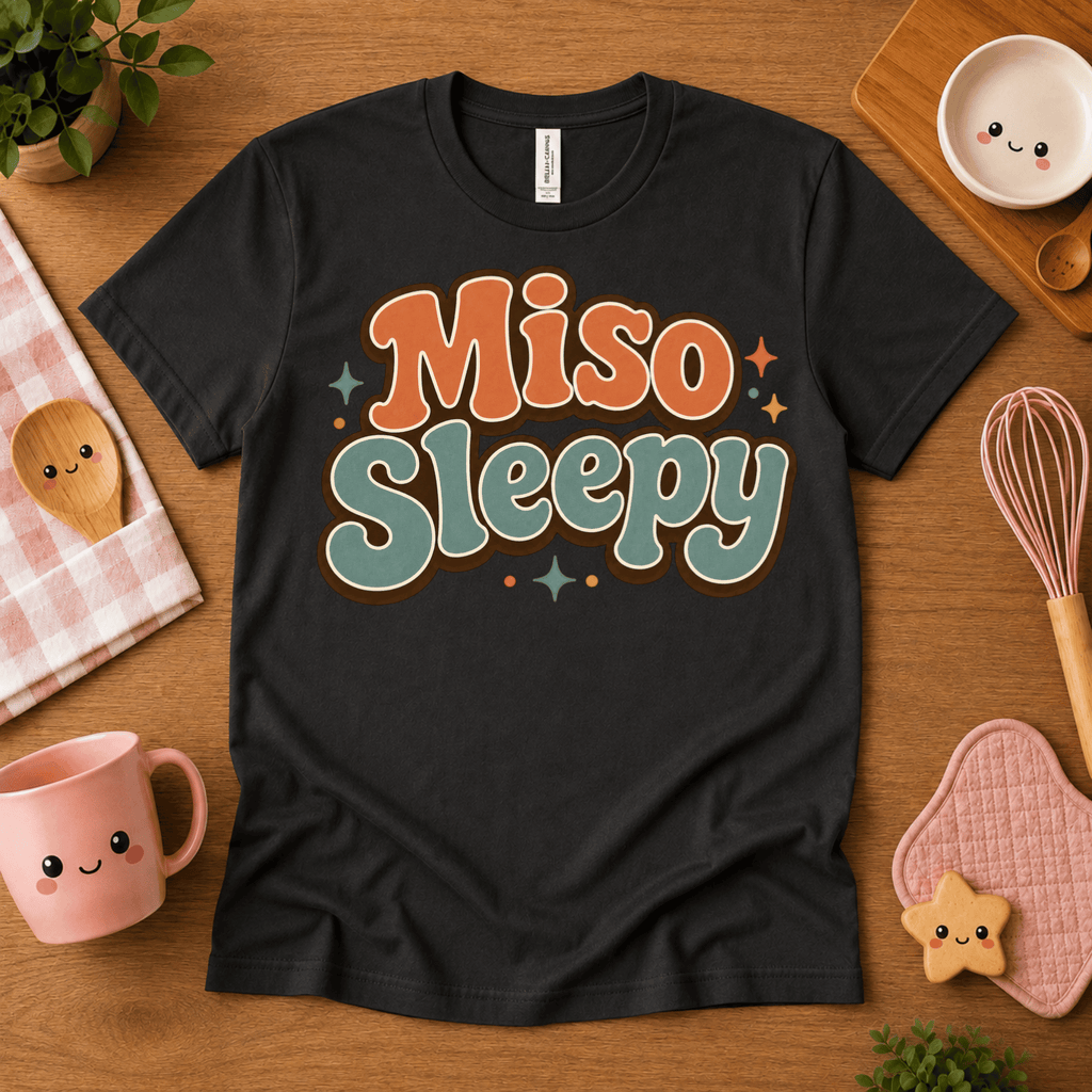 Miso Sleepy cute food graphic t-shirt cozy flat lay in vintage black.