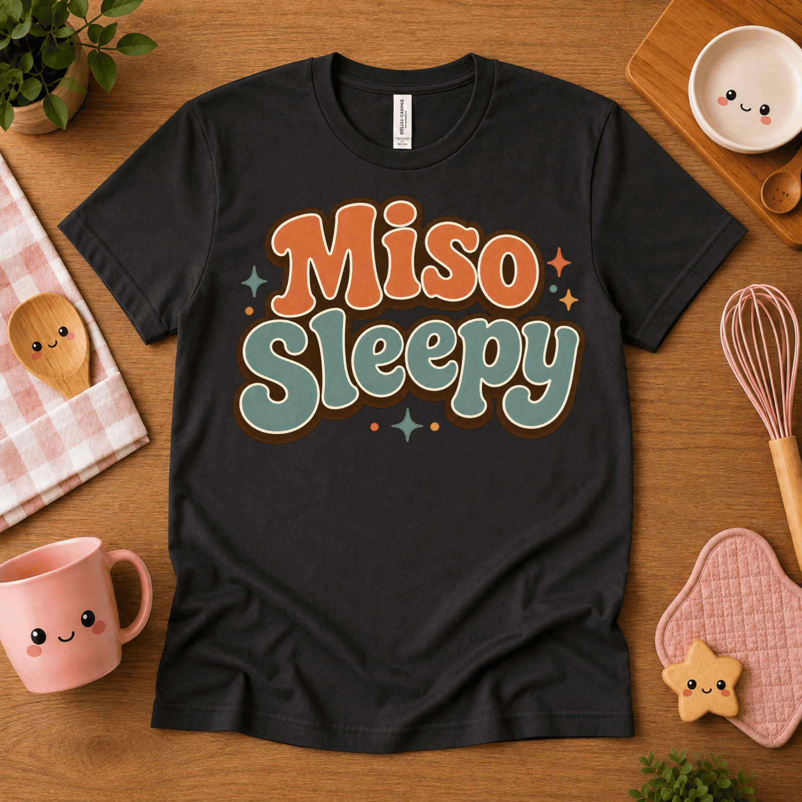Miso Sleepy cute food graphic t-shirt cozy flat lay in vintage black.