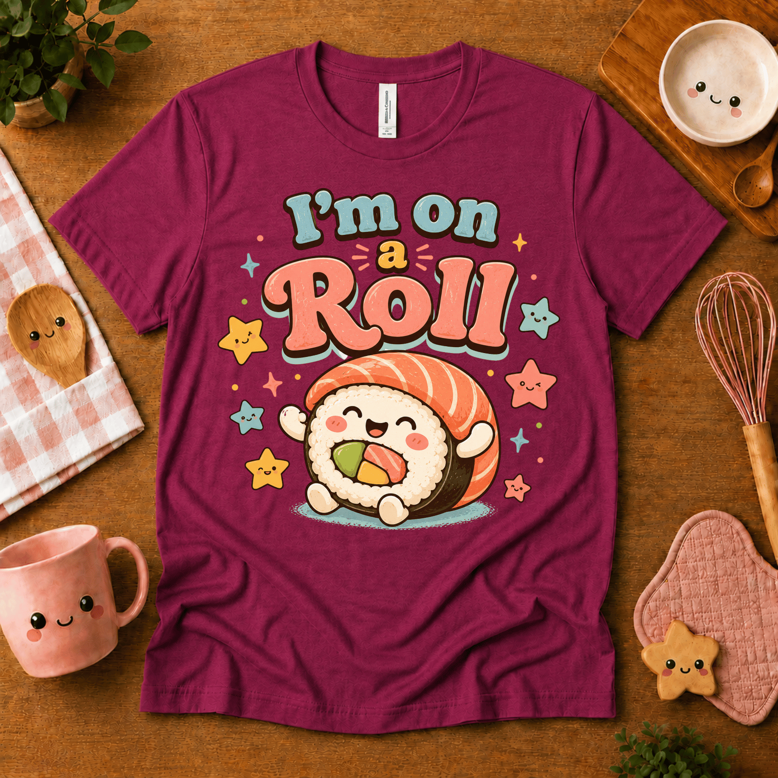I'm On A Roll cute food graphic t-shirt cozy flat lay in berry.