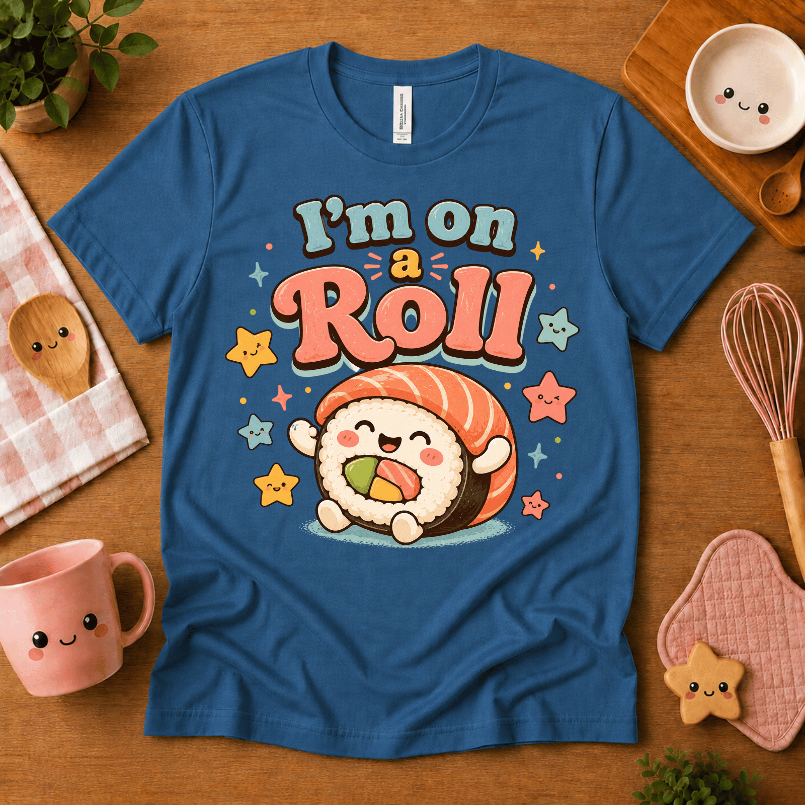 I'm On A Roll cute food graphic t-shirt cozy flat lay in ocean blue.