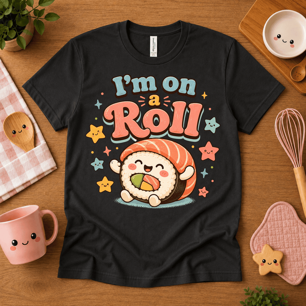 I'm On A Roll cute food graphic t-shirt cozy flat lay in vintage black.