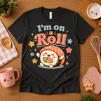 I'm On A Roll cute food graphic t-shirt cozy flat lay in vintage black.
