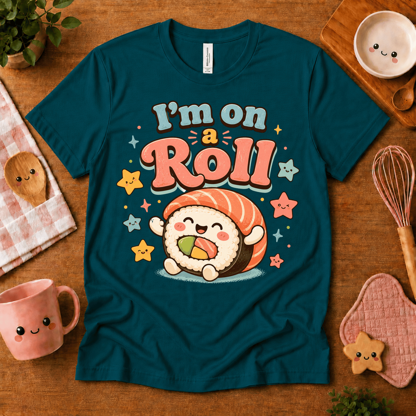 I'm On A Roll cute food graphic t-shirt cozy flat lay in deep teal.
