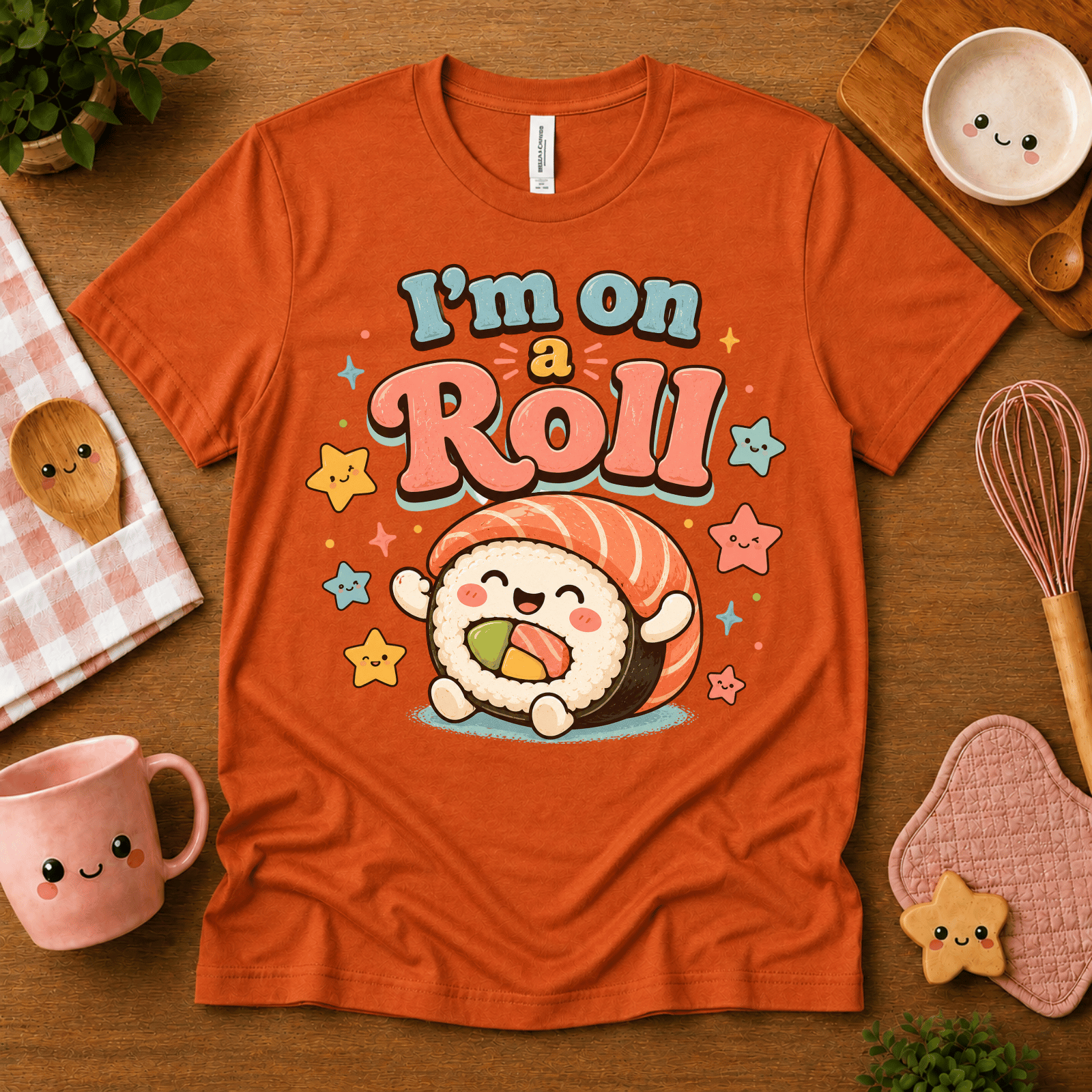 I'm On A Roll cute food graphic t-shirt cozy flat lay in burnt orange.