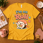 I'm On A Roll cute food graphic t-shirt cozy flat lay in gold.