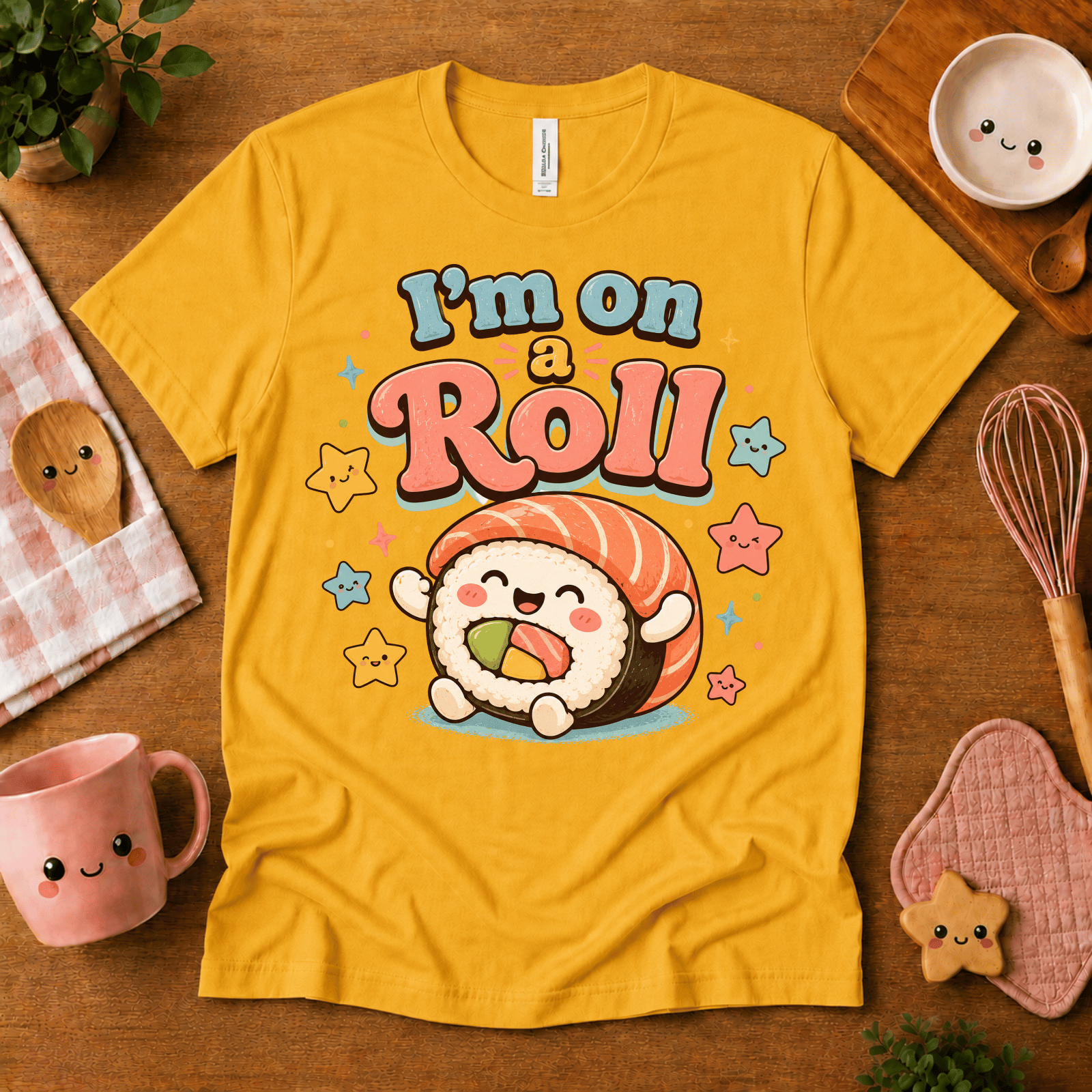 I'm On A Roll cute food graphic t-shirt cozy flat lay in gold.