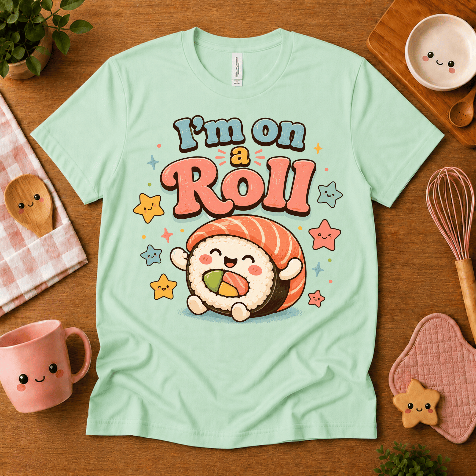 I'm On A Roll cute food graphic t-shirt cozy flat lay in mint.