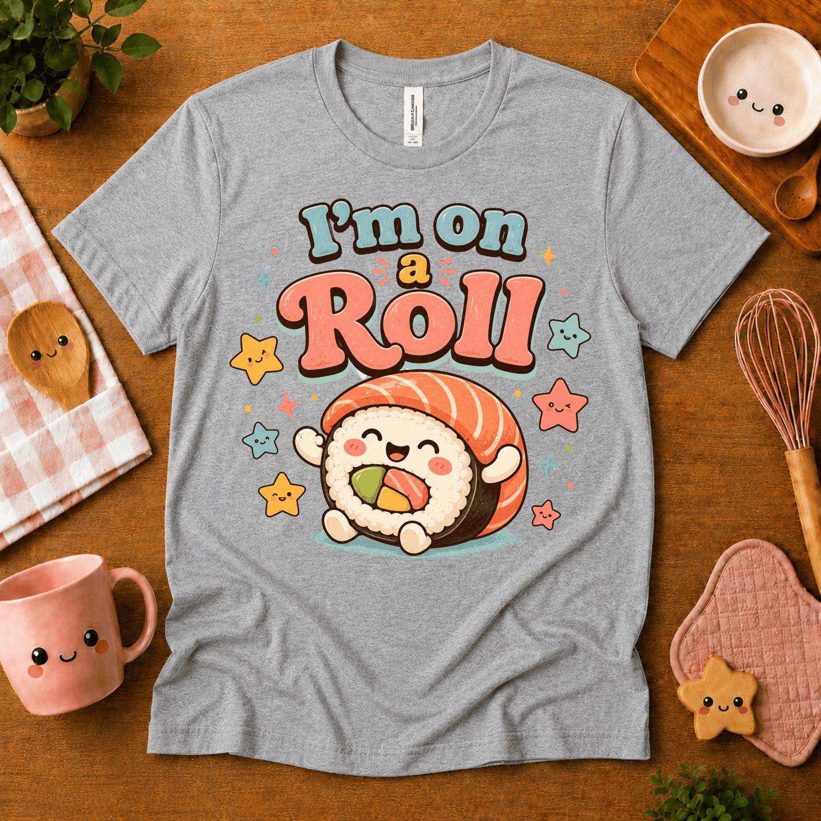 I'm On A Roll cute food graphic t-shirt cozy flat lay in athletic heather.