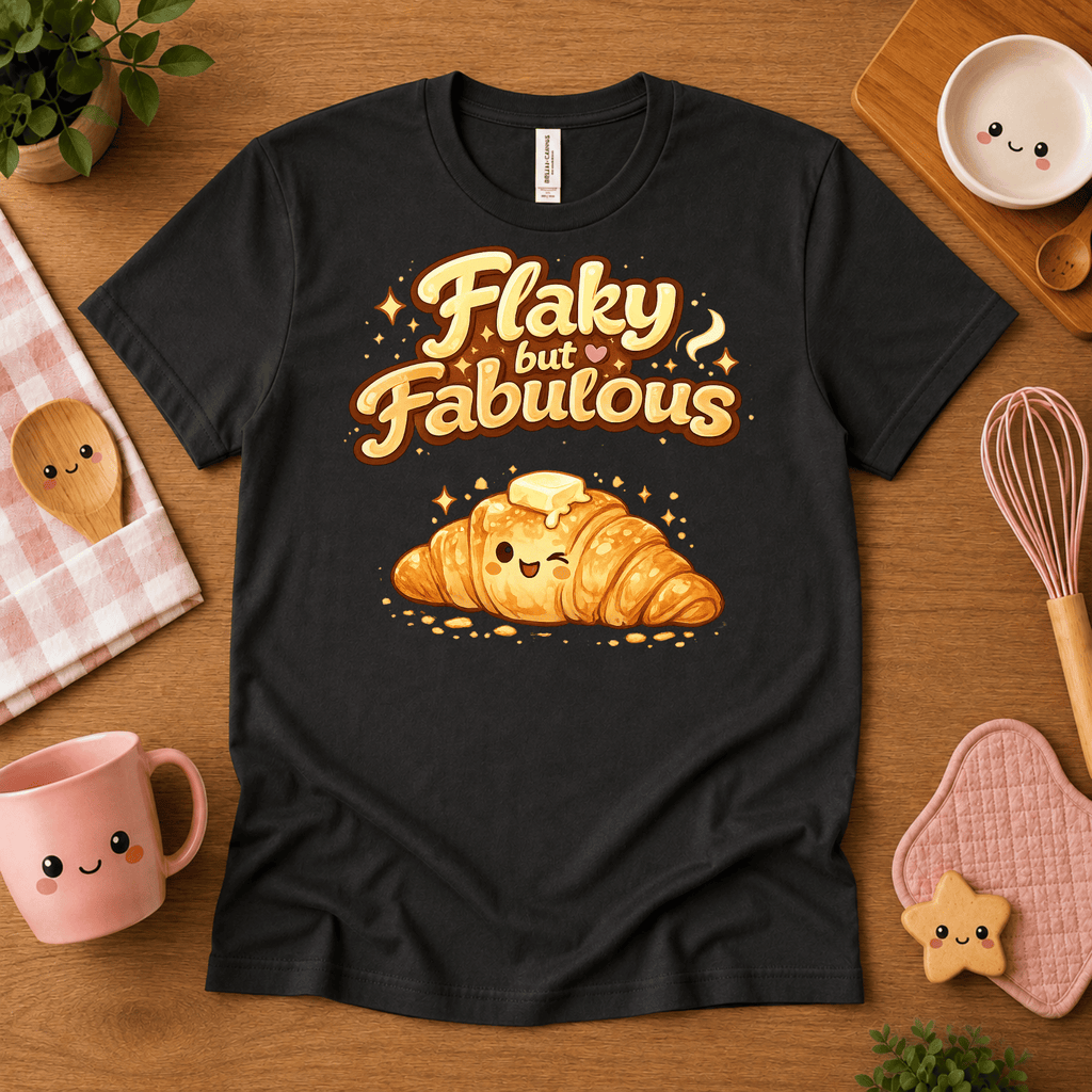 Flay But Fabulous cute food graphic t-shirt cozy flat lay in vintage black.