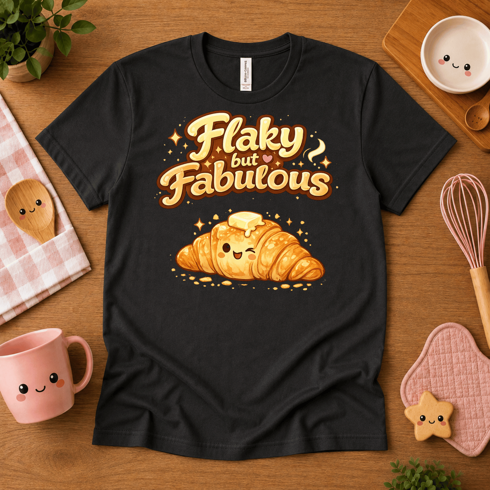 Flay But Fabulous cute food graphic t-shirt cozy flat lay in vintage black.