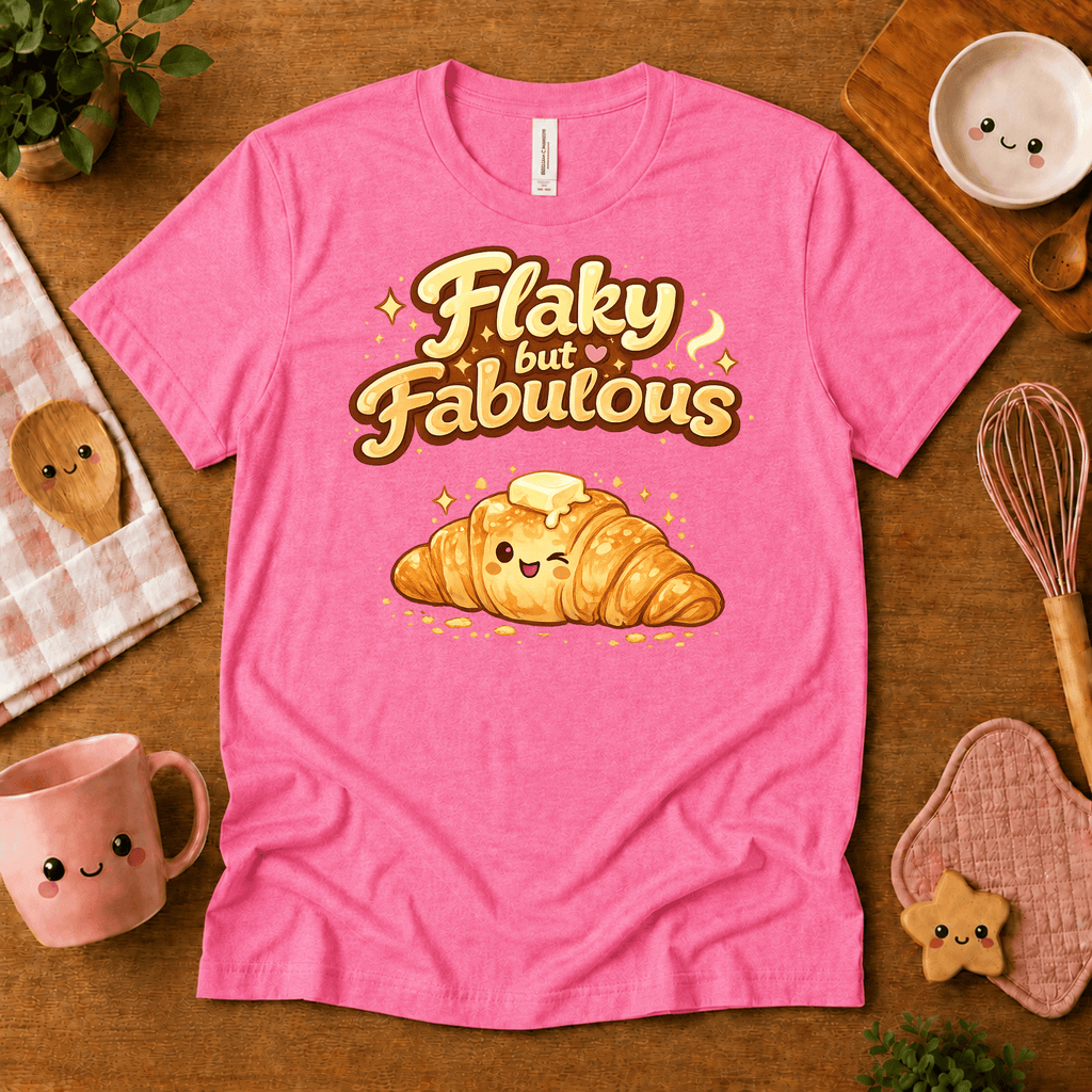 Flay But Fabulous cute food graphic t-shirt cozy flat lay in charity pink.