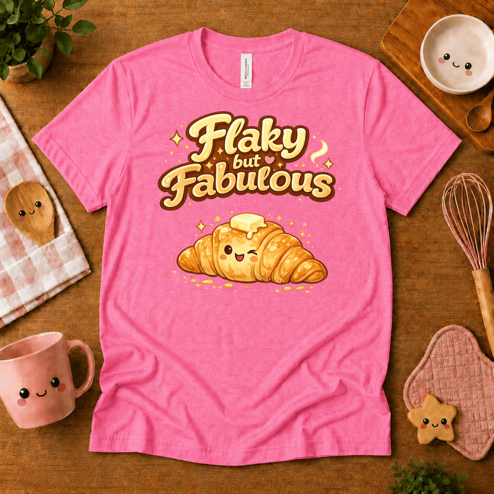 Flay But Fabulous cute food graphic t-shirt cozy flat lay in charity pink.