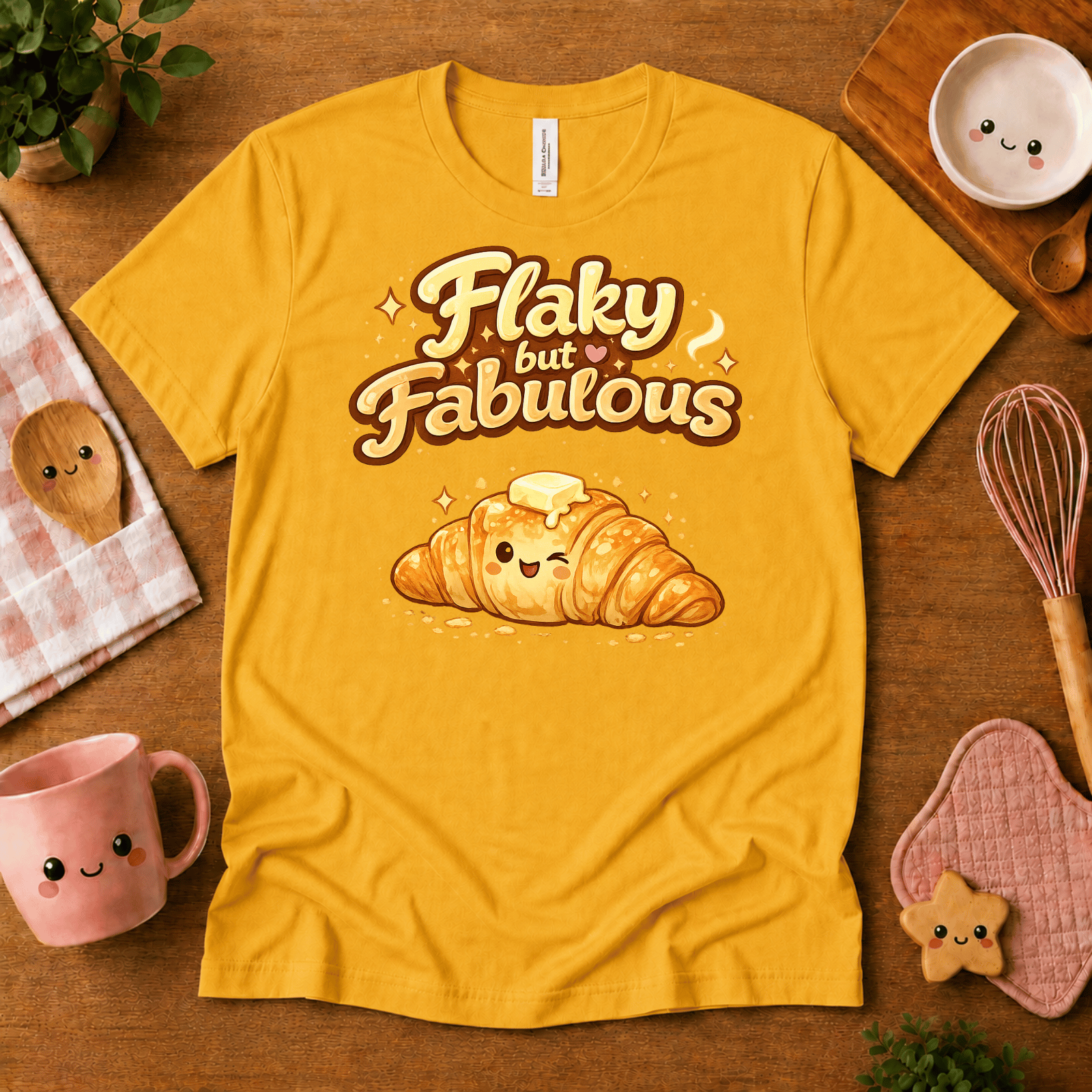 Flay But Fabulous cute food graphic t-shirt cozy flat lay in gold.