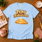Flay But Fabulous cute food graphic t-shirt cozy flat lay in baby blue.