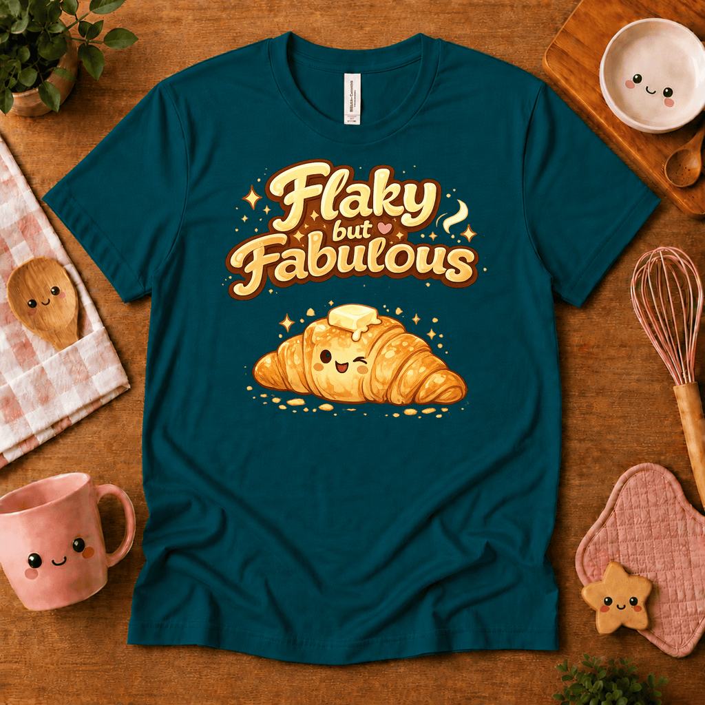 Flay But Fabulous cute food graphic t-shirt cozy flat lay in deep teal.