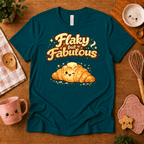 Flay But Fabulous cute food graphic t-shirt cozy flat lay in deep teal.