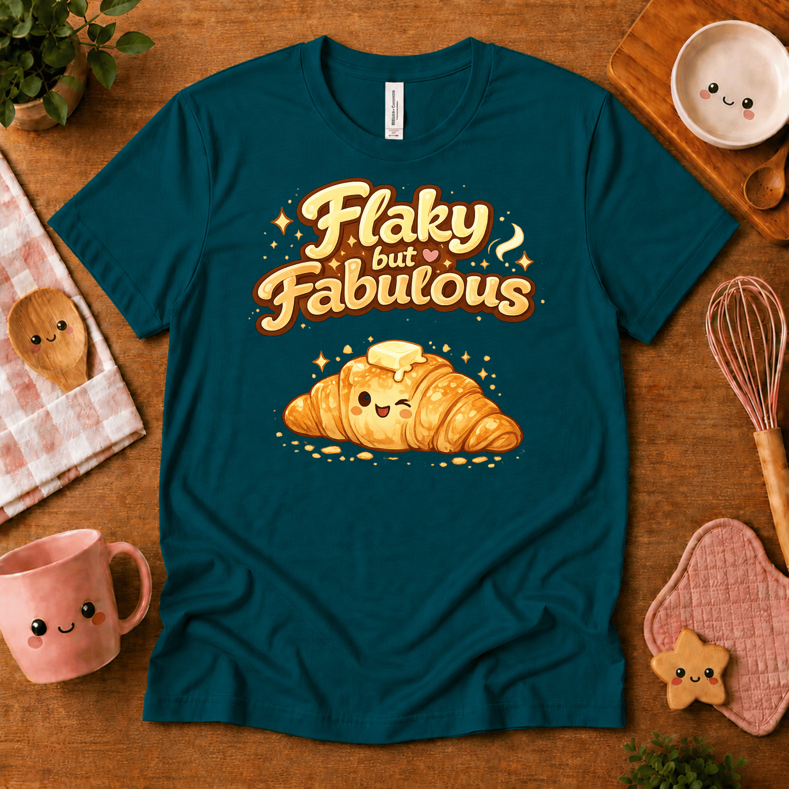 Flay But Fabulous cute food graphic t-shirt cozy flat lay in deep teal.