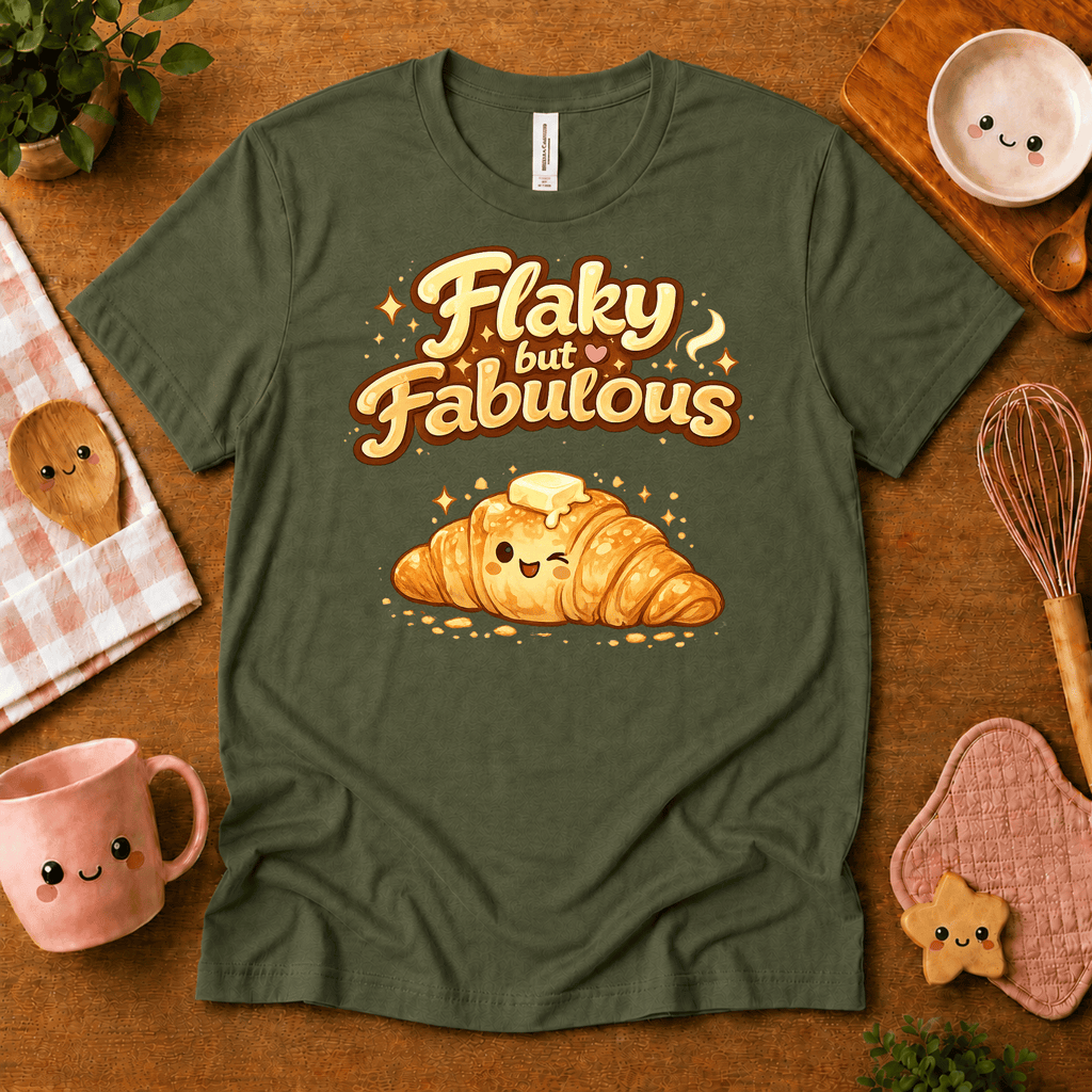 Flay But Fabulous cute food graphic t-shirt cozy flat lay in army.