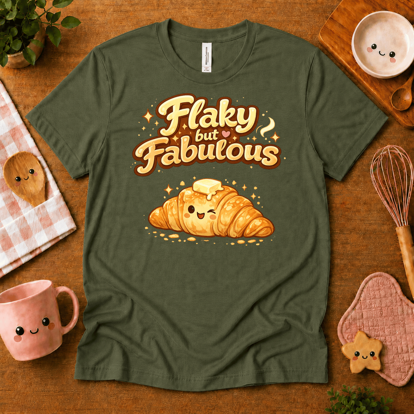 Flay But Fabulous cute food graphic t-shirt cozy flat lay in army.