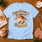 Emotional Support Sushi cute food graphic t-shirt cozy flat lay in baby blue.
