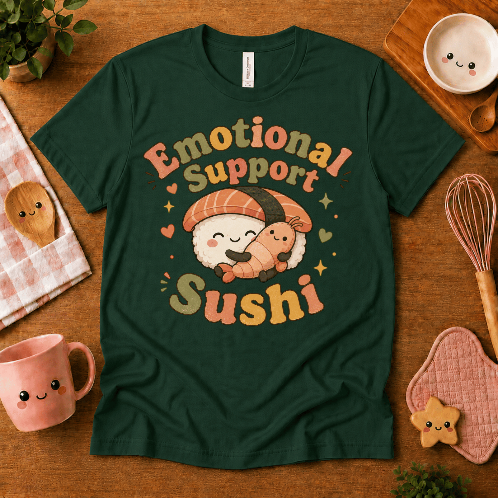 Emotional Support Sushi cute food graphic t-shirt cozy flat lay in evergreen.