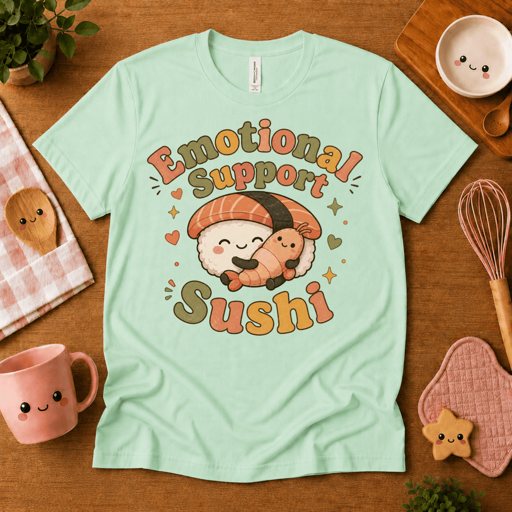 Emotional Support Sushi cute food graphic t-shirt cozy flat lay in mint.