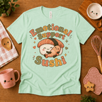 Emotional Support Sushi cute food graphic t-shirt cozy flat lay in mint.