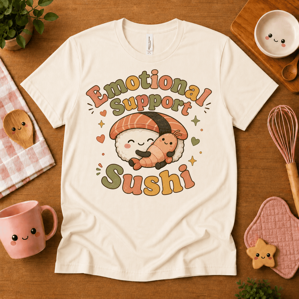Emotional Support Sushi cute food graphic t-shirt cozy flat lay in natural.