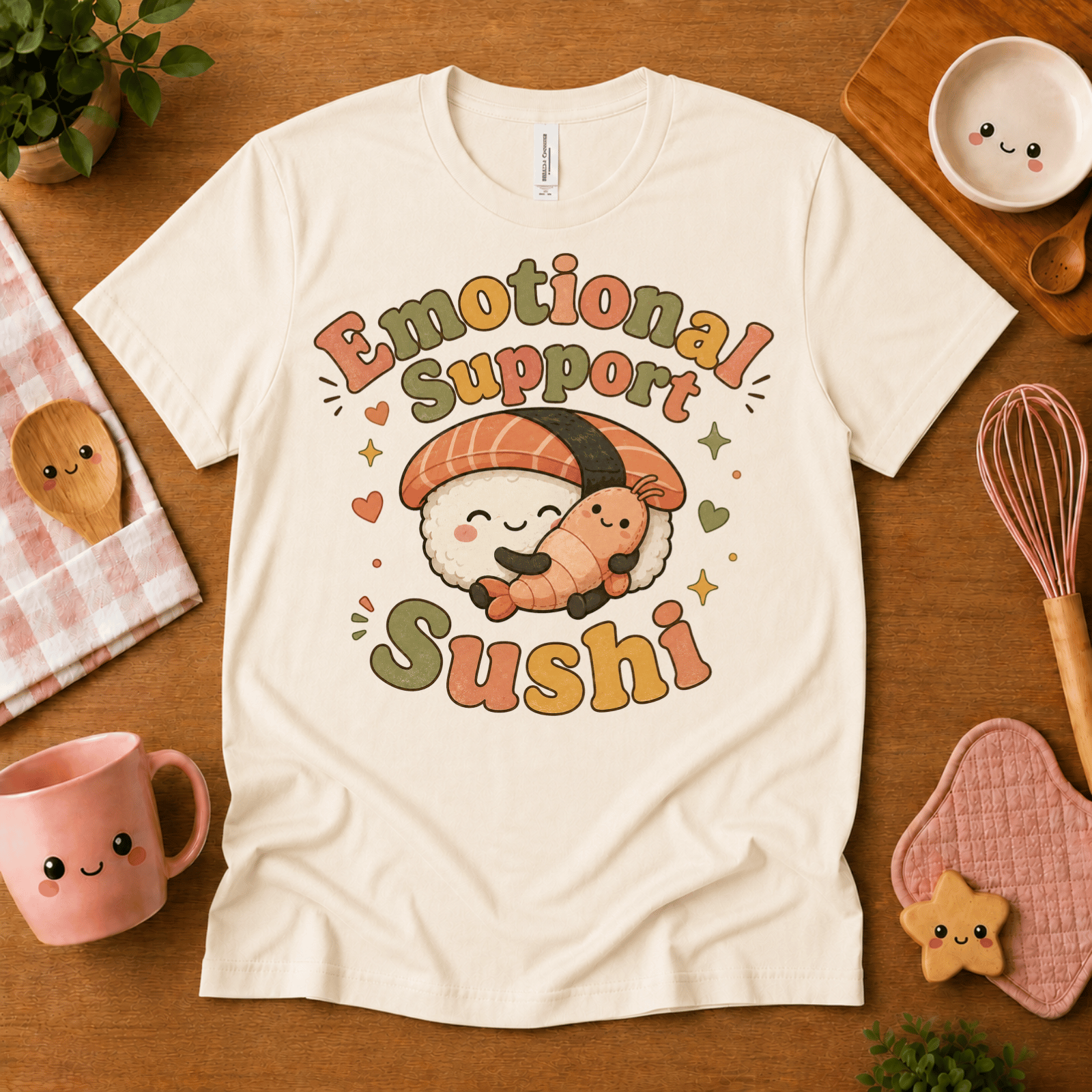 Emotional Support Sushi cute food graphic t-shirt cozy flat lay in natural.