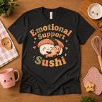 Emotional Support Sushi cute food graphic t-shirt cozy flat lay in vintage black.