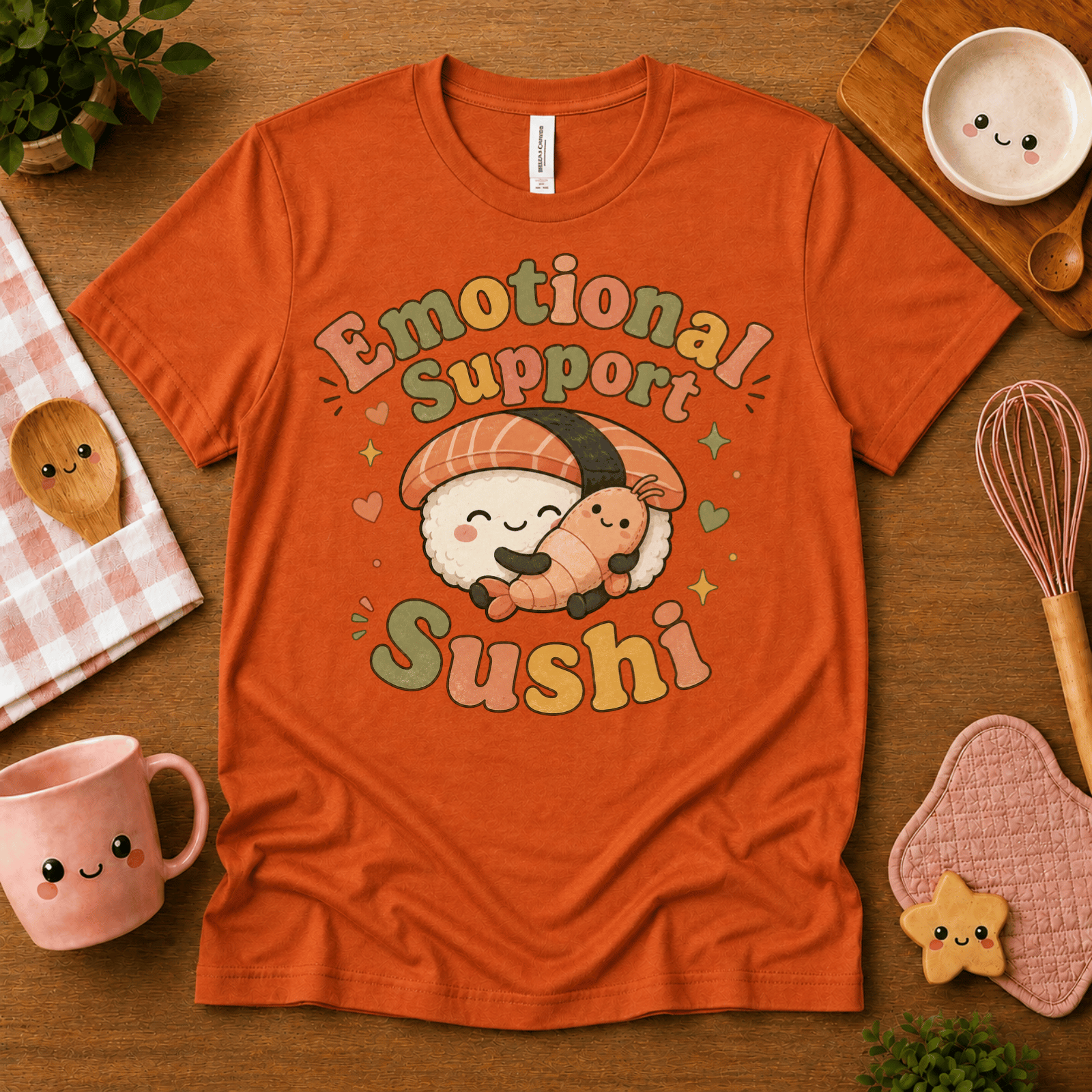 Emotional Support Sushi cute food graphic t-shirt cozy flat lay in burnt orange.