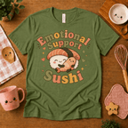 Emotional Support Sushi cute food graphic t-shirt cozy flat lay in leaf.