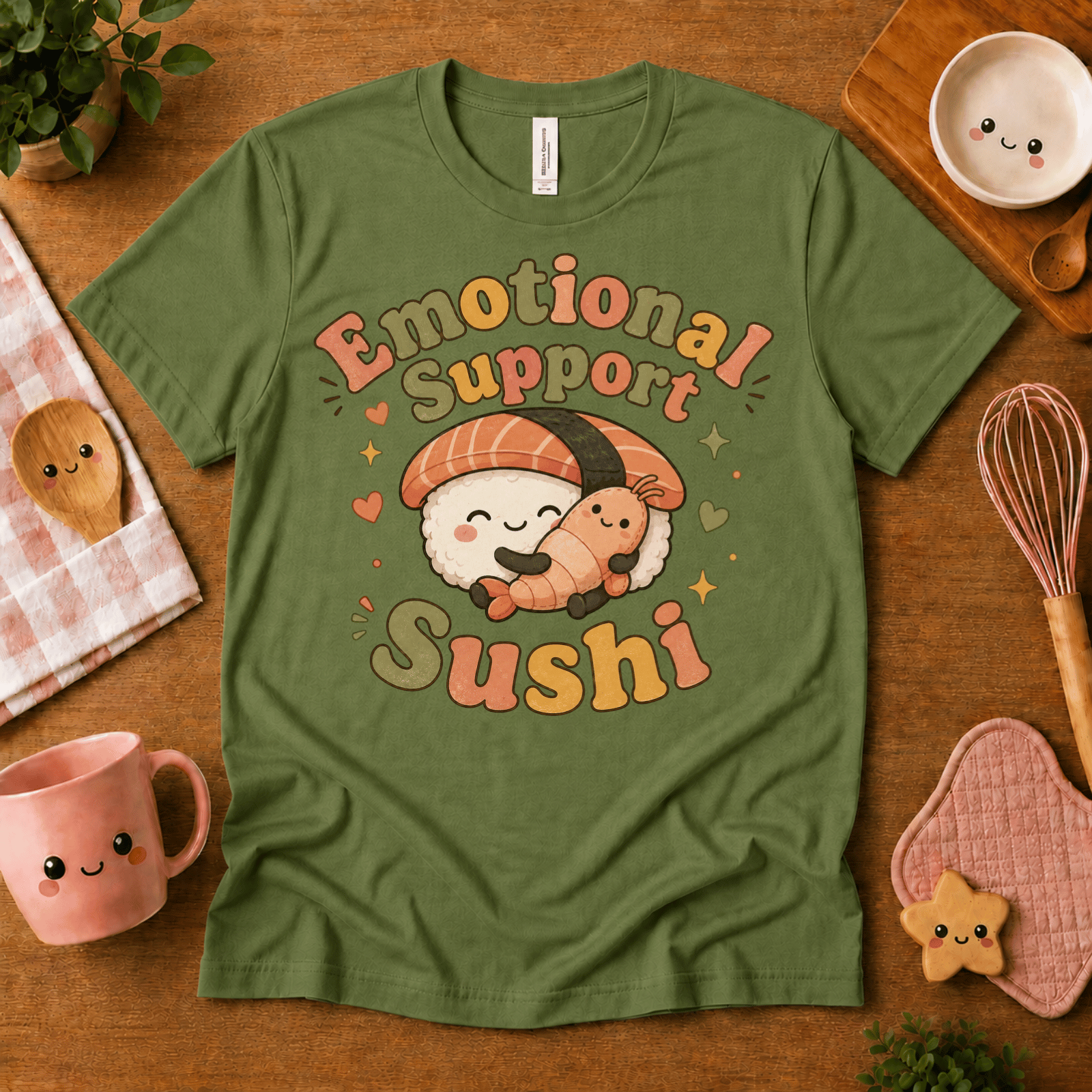 Emotional Support Sushi cute food graphic t-shirt cozy flat lay in leaf.