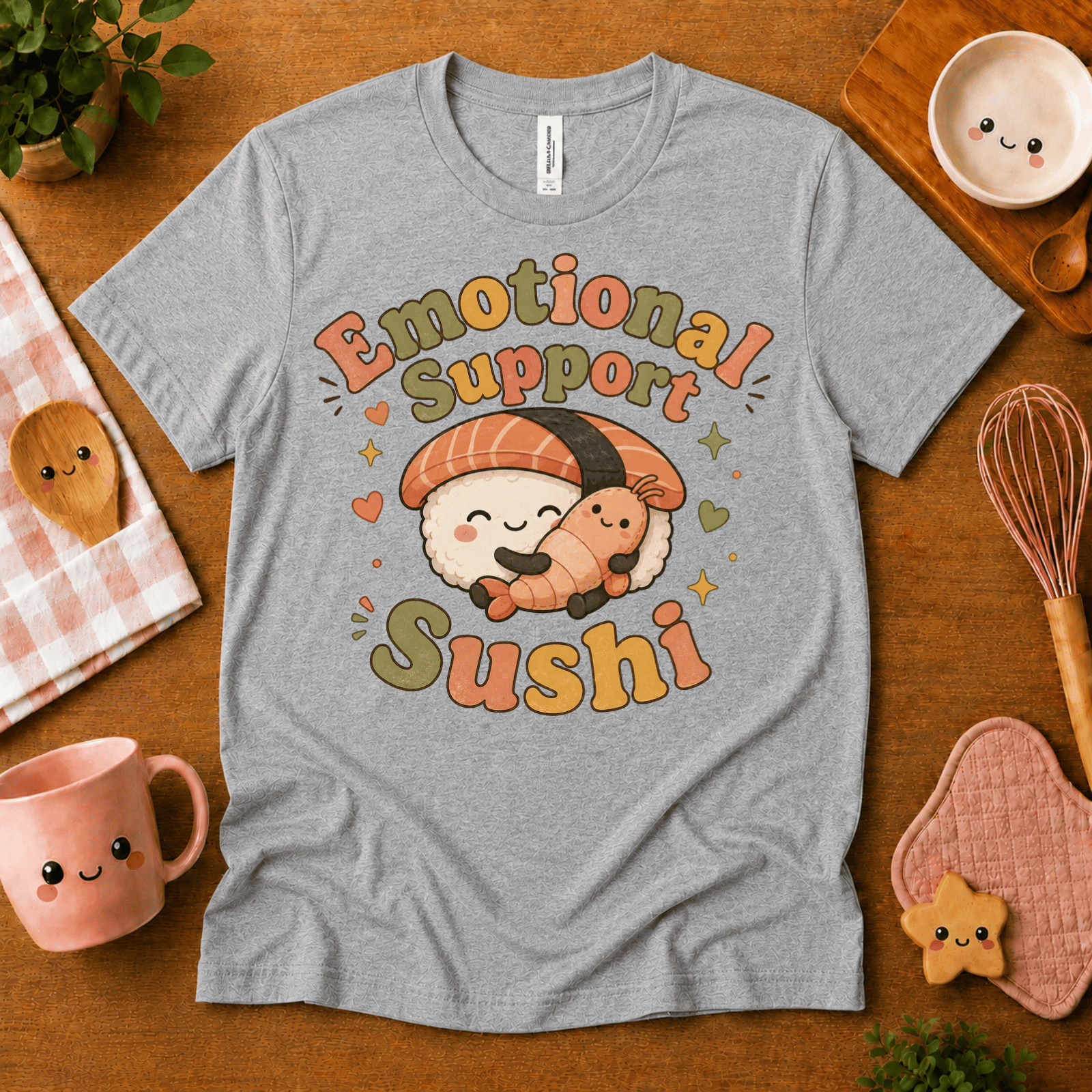 Emotional Support Sushi cute food graphic t-shirt cozy flat lay in athletic heather.