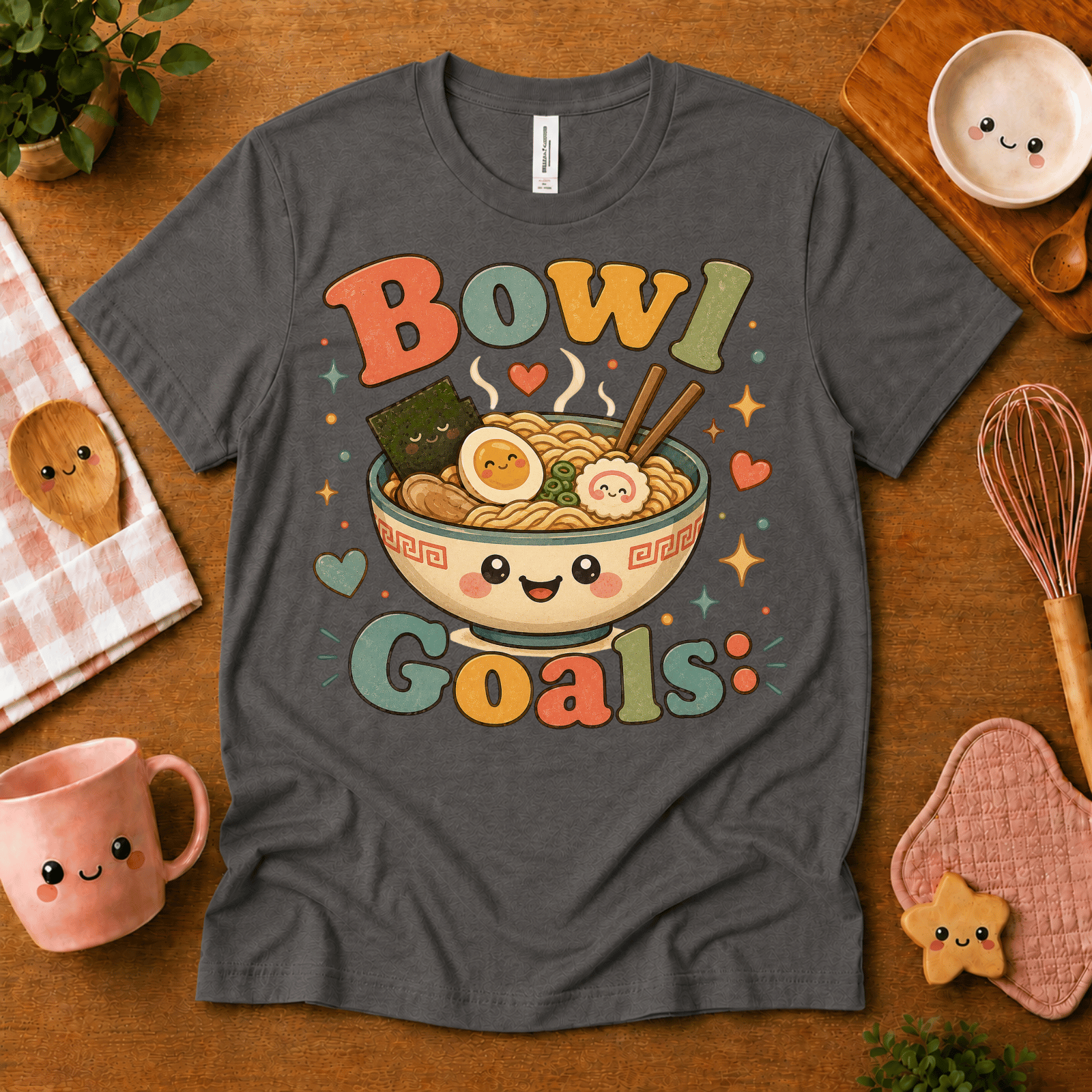Bowl Goals cute food graphic t-shirt cozy flat lay in asphalt.