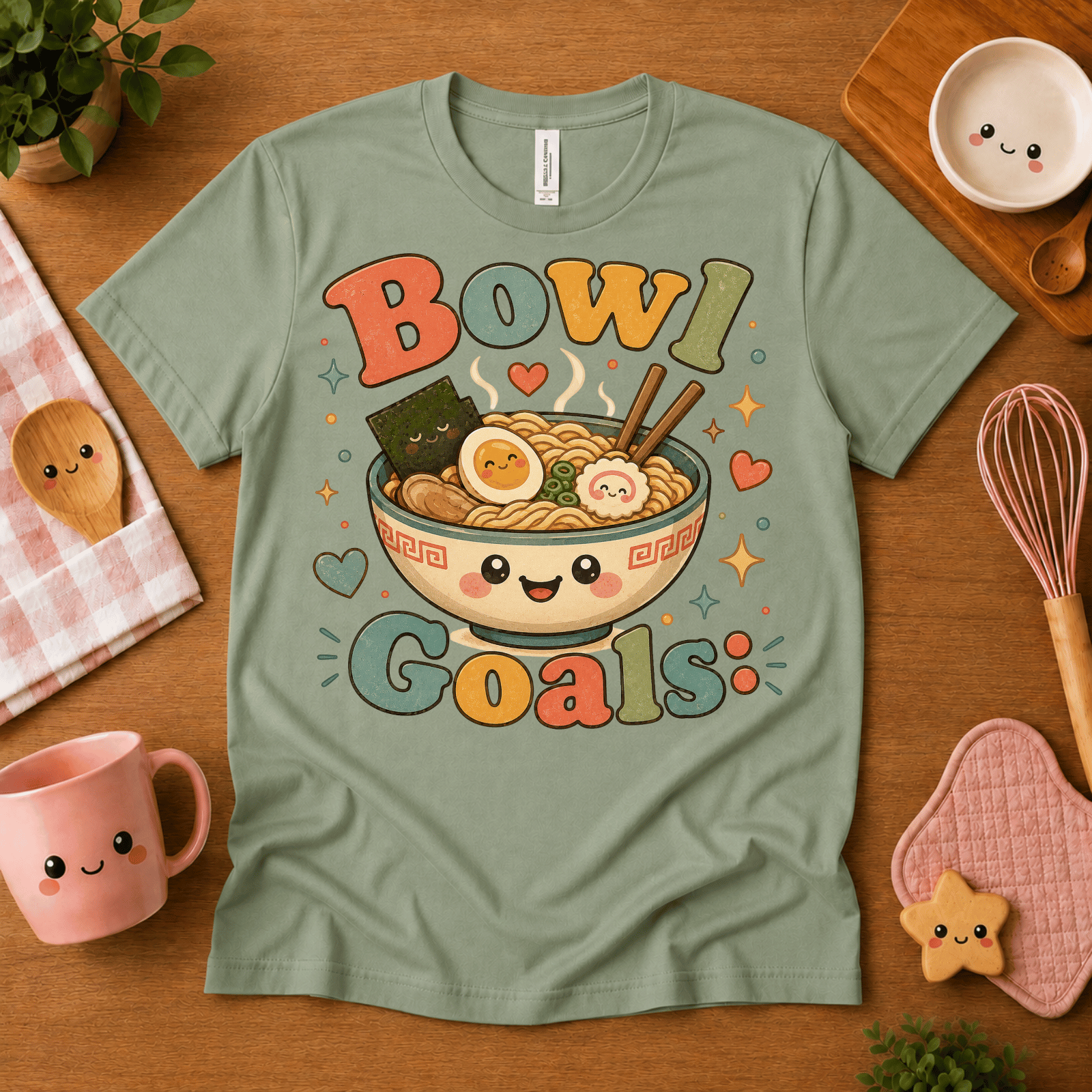 Bowl Goals cute food graphic t-shirt cozy flat lay in sage.