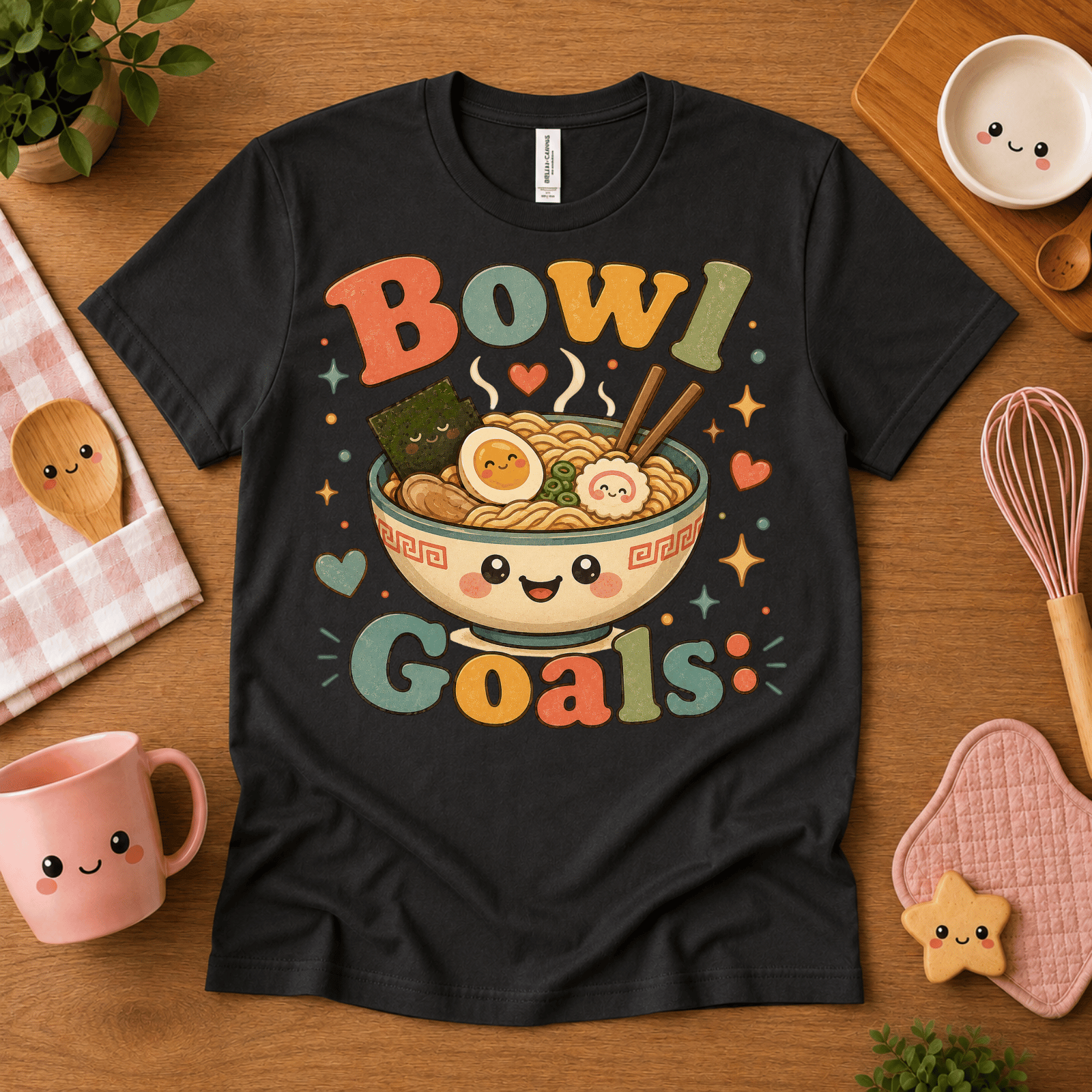 Bowl Goals cute food graphic t-shirt cozy flat lay in vintage black.