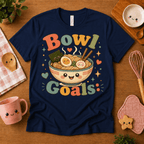 Bowl Goals cute food graphic t-shirt cozy flat lay in navy.