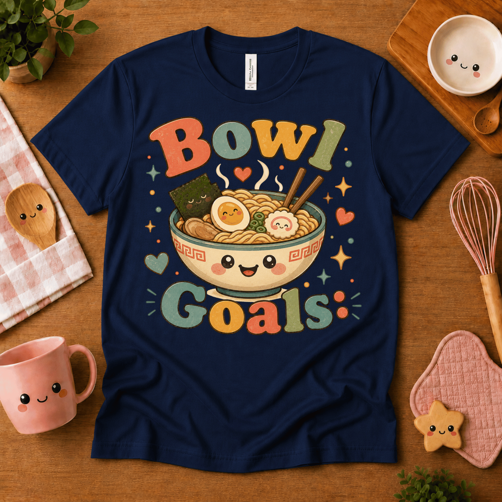 Bowl Goals cute food graphic t-shirt cozy flat lay in navy.