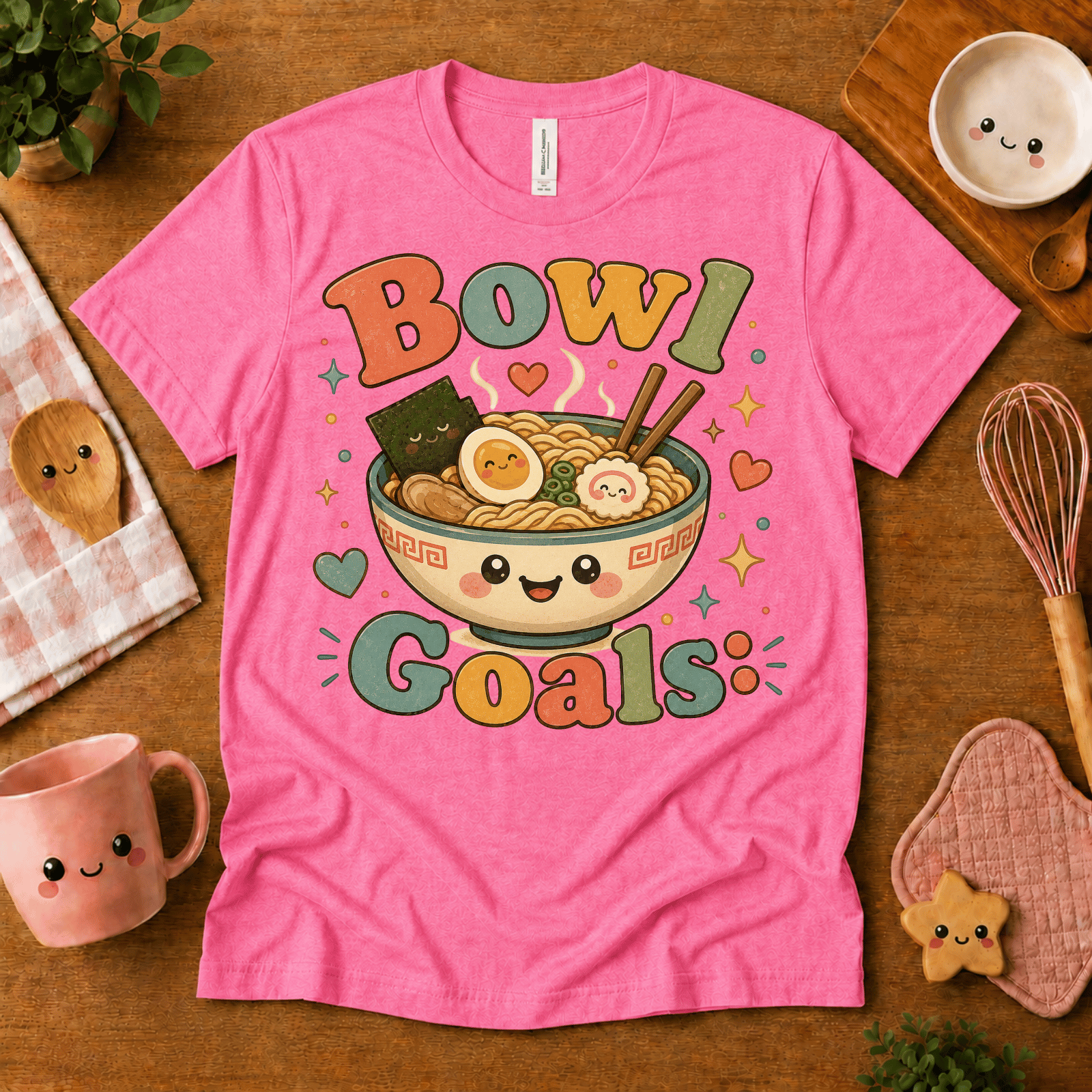 Bowl Goals cute food graphic t-shirt cozy flat lay in charity pink.