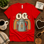 The OG coffee graphic t-shirt cozy flat lay in red.