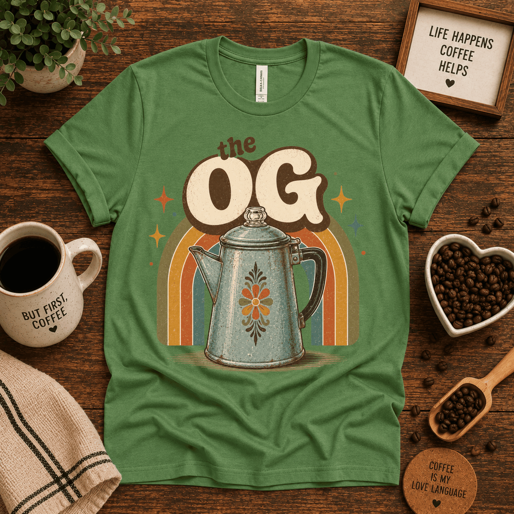 The OG coffee graphic t-shirt cozy flat lay in leaf.