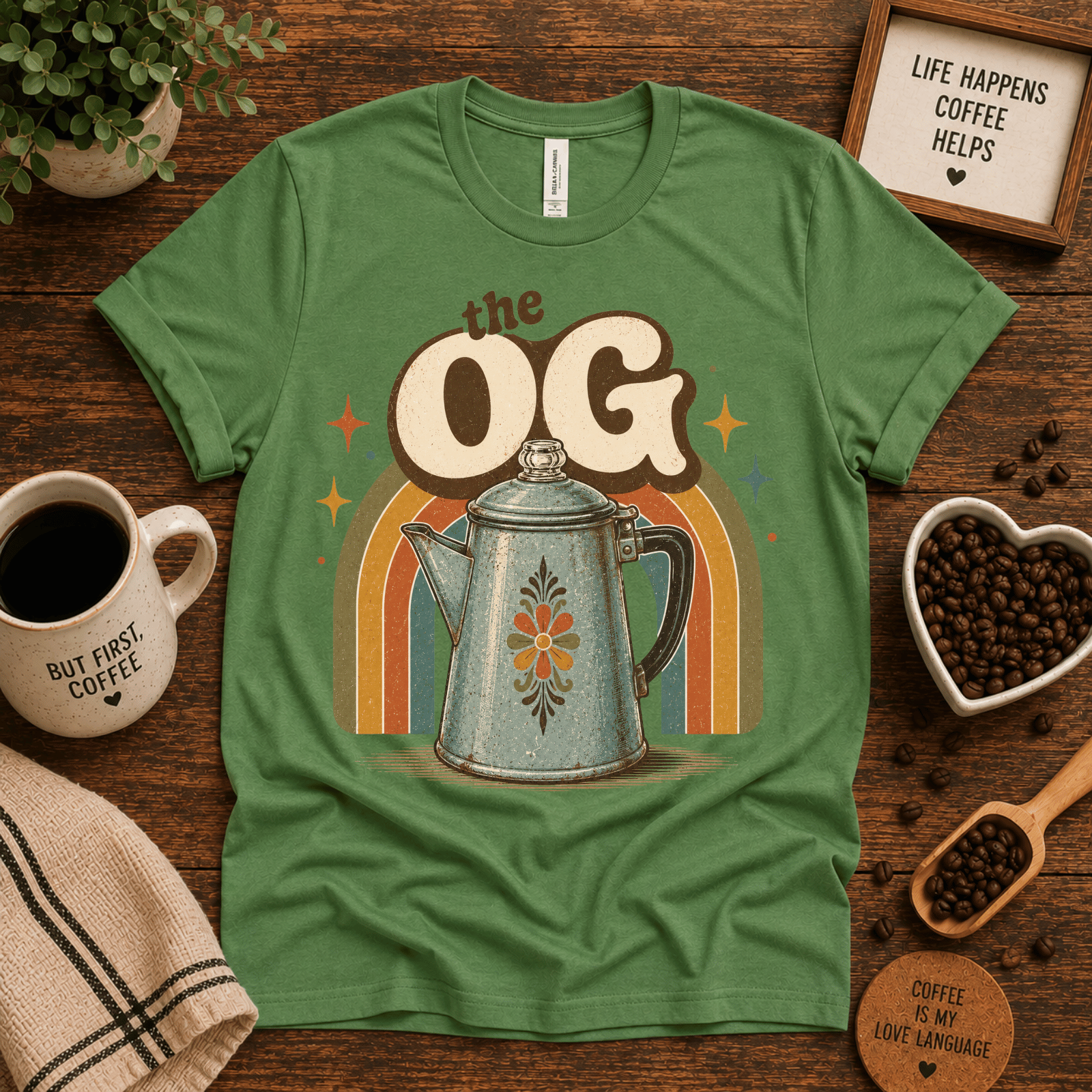 The OG coffee graphic t-shirt cozy flat lay in leaf.